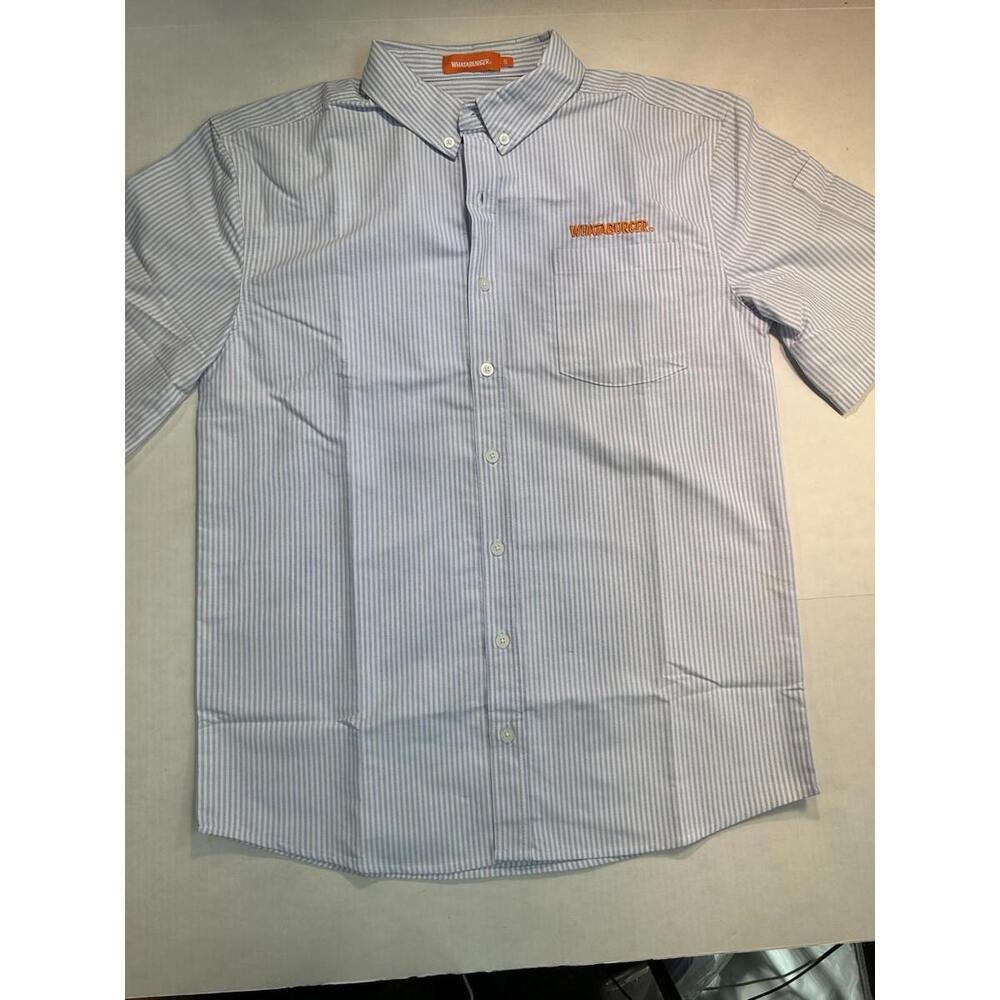 Whataburger Employee Uniform Shirt Unisex Short Sleeve Blue Striped LOGO